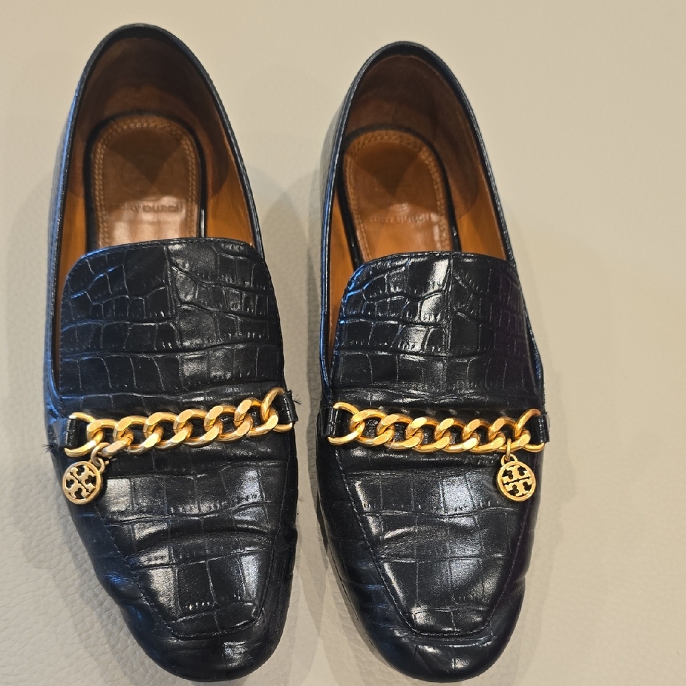 Tory Burch Black Embossed Loafers with Gold Chain